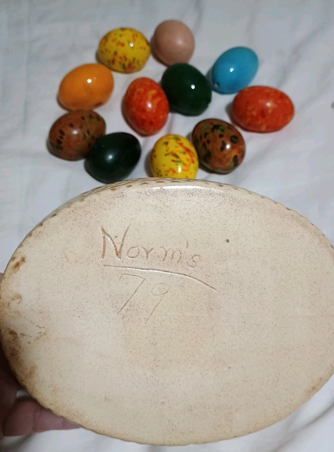 13 Pc Ceramic Easter Eggs Basket Flower Lot🏵️Speckled Glazed Decor Vintage 1979