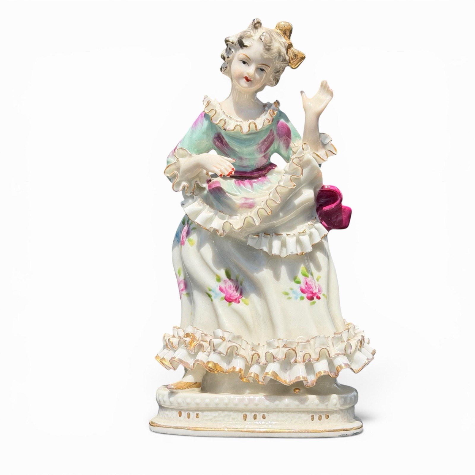 French Rococo Style Porcelain Lady Figurine Floral Ball Gown Gold Gilt 6.75”