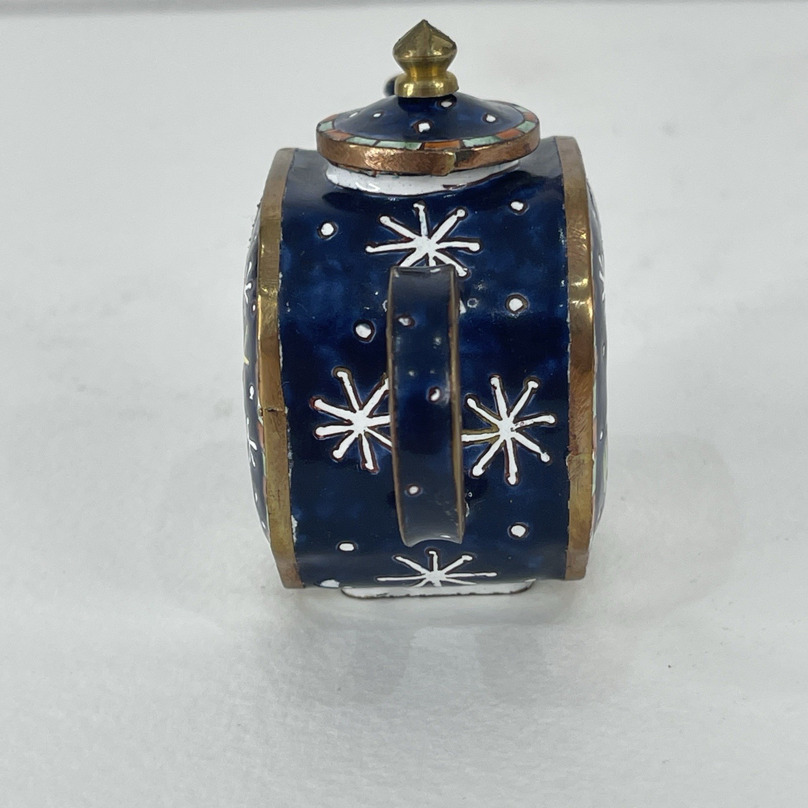 Miniature Enamel Copper Teapot Kelvin Chen Style Hand Painted Snowman Xmas VTG