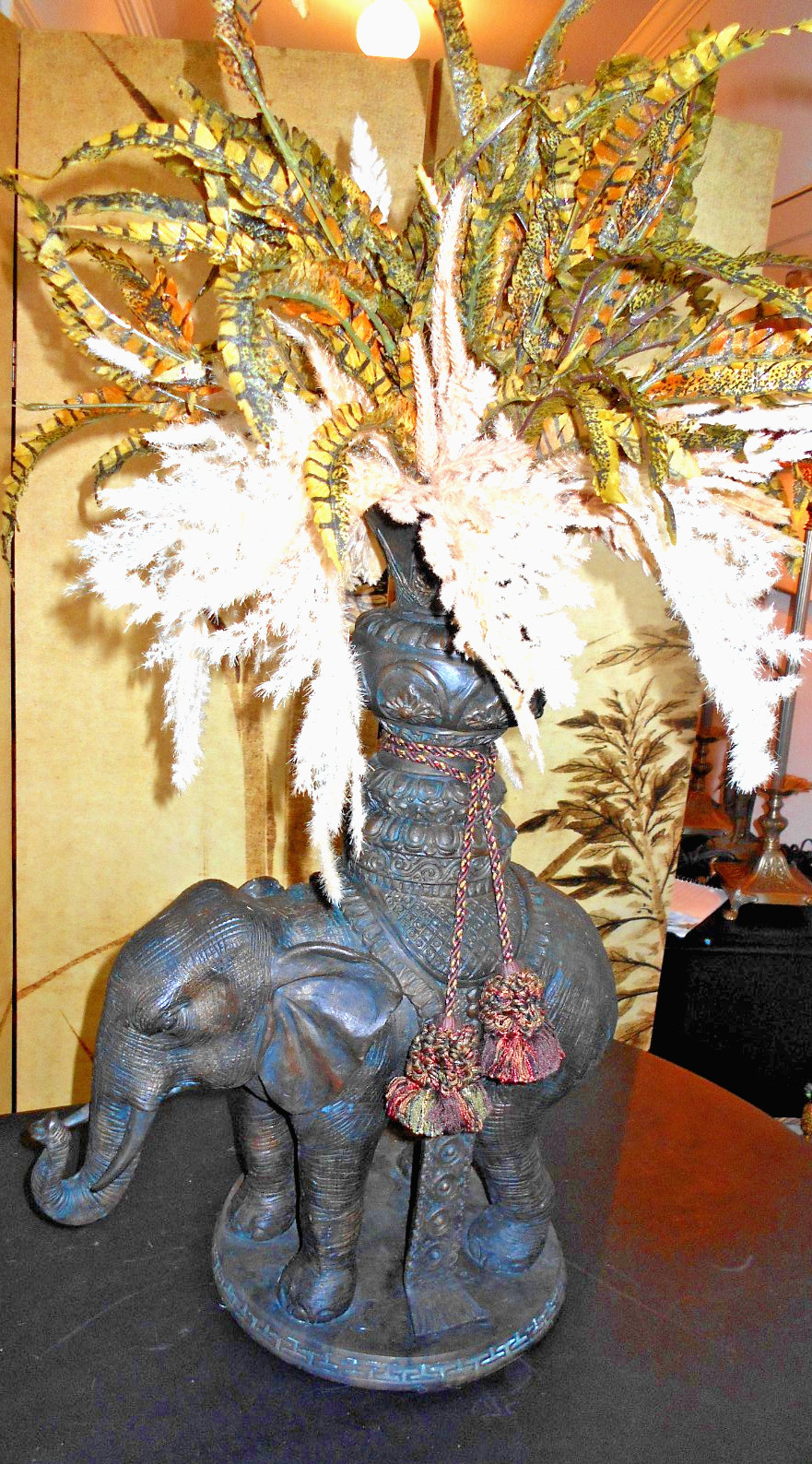 Exquisite Mailand Smith Bronze Elephant Sculpture/Vase w/ Silk Foliage 33″ tall