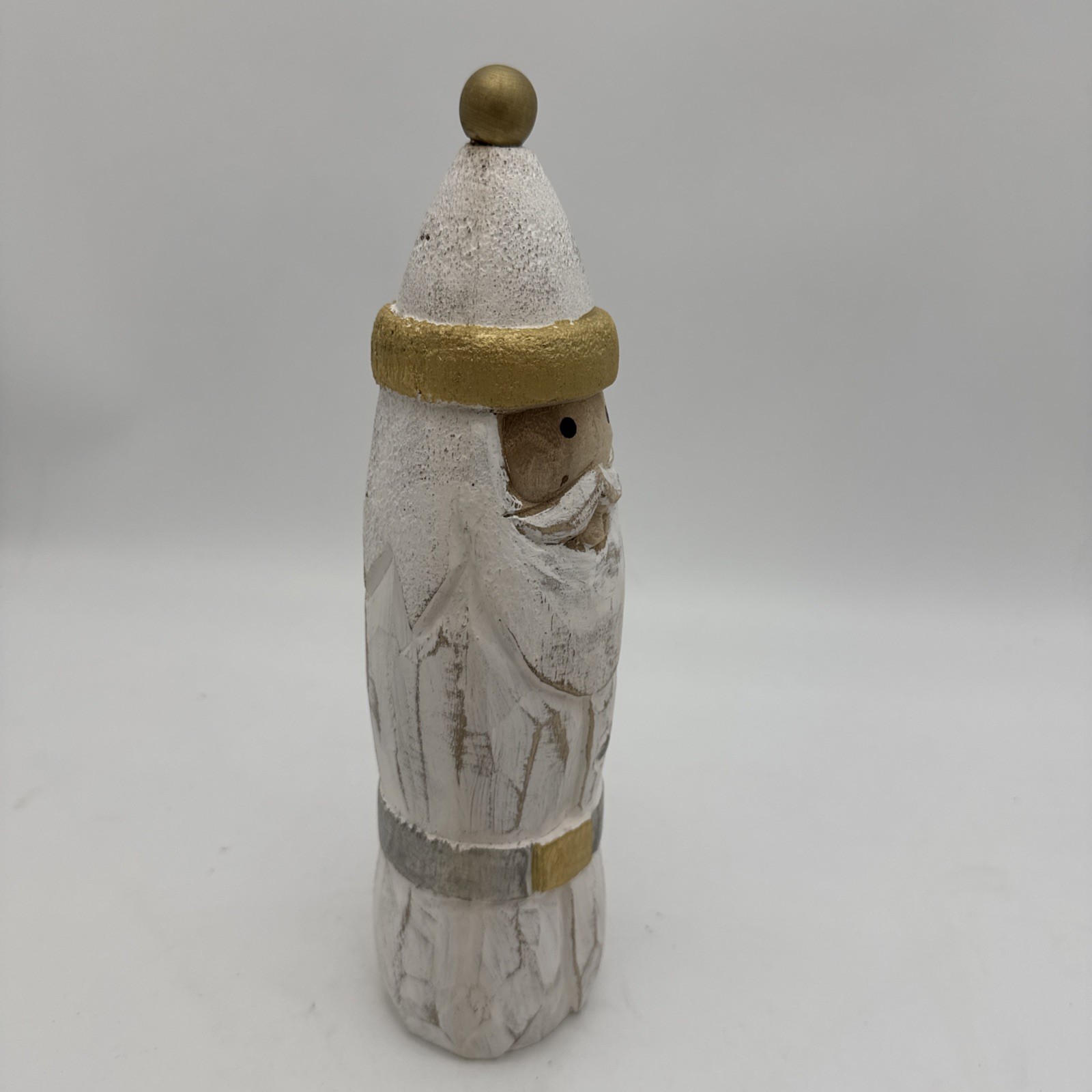 Santa Sitter Short Pine Wood Carved Gold White 12″ x 3″ Distressed