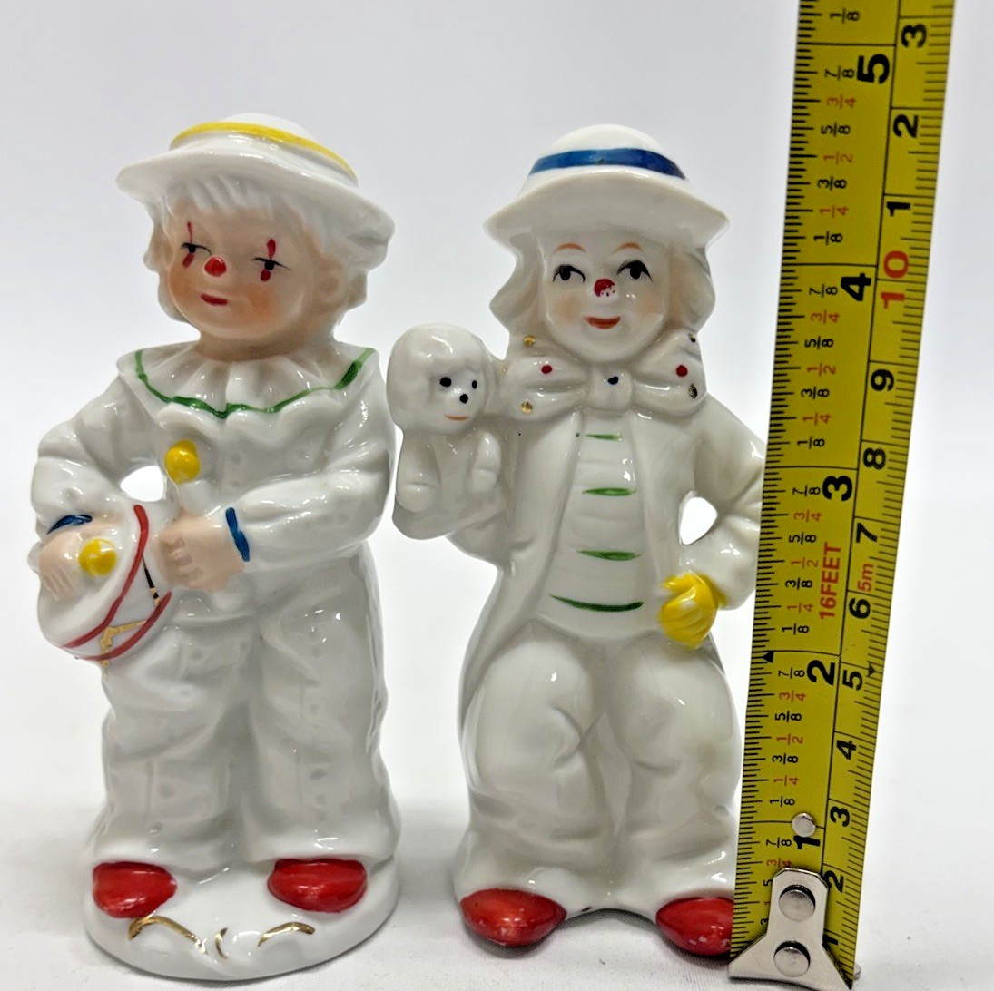 Vintage Japanese Porcelain Clown Figurines Pair Unmarked Mid Century 1950s 60s