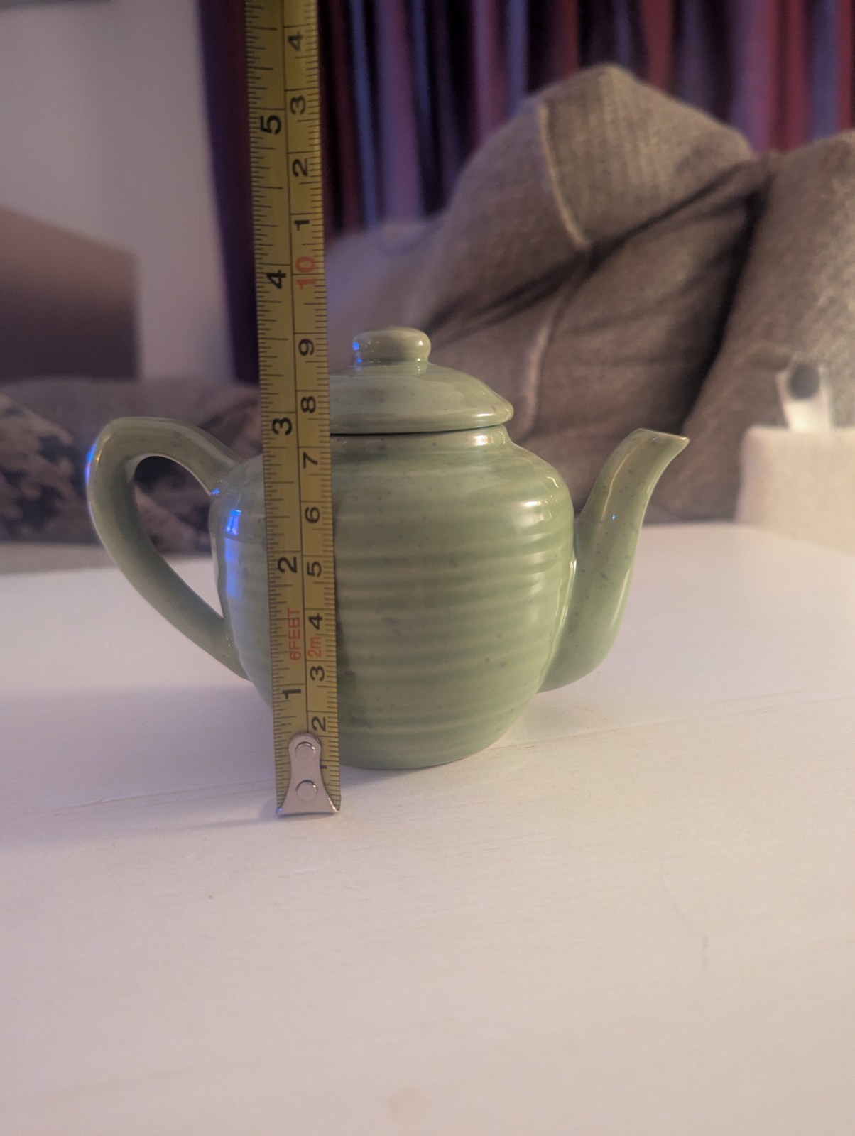Small Tea Pot Country Living Dry Goods Green Speckled Collectible 3″ Tall