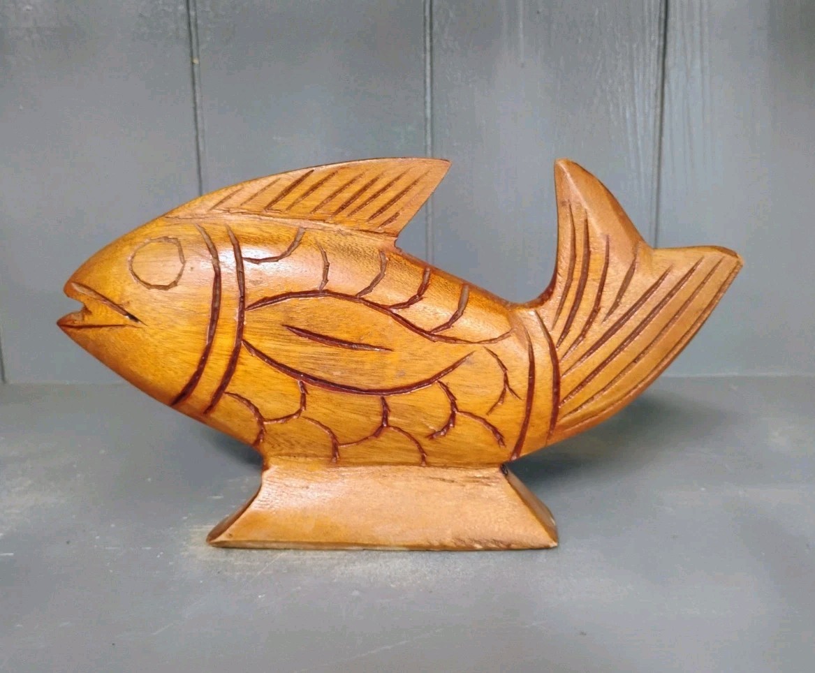 Hand Carved Wooden Fish Vintage Folk Art Beach House Lake Fisherman Trout Koi