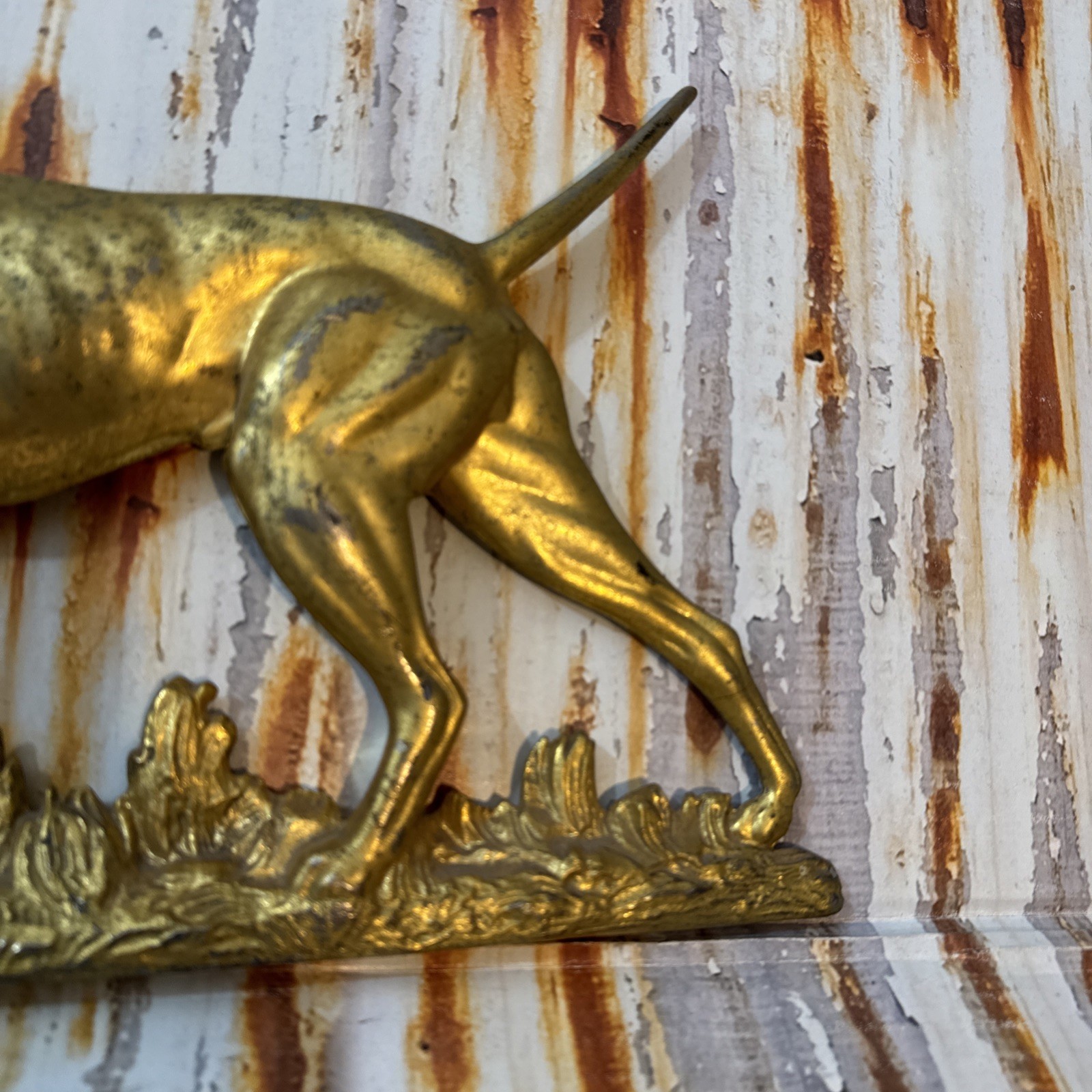 Vintage Cast Metal Pointer Dog Statue Wall Plaque 3 Demensional Gold R.S. 1951