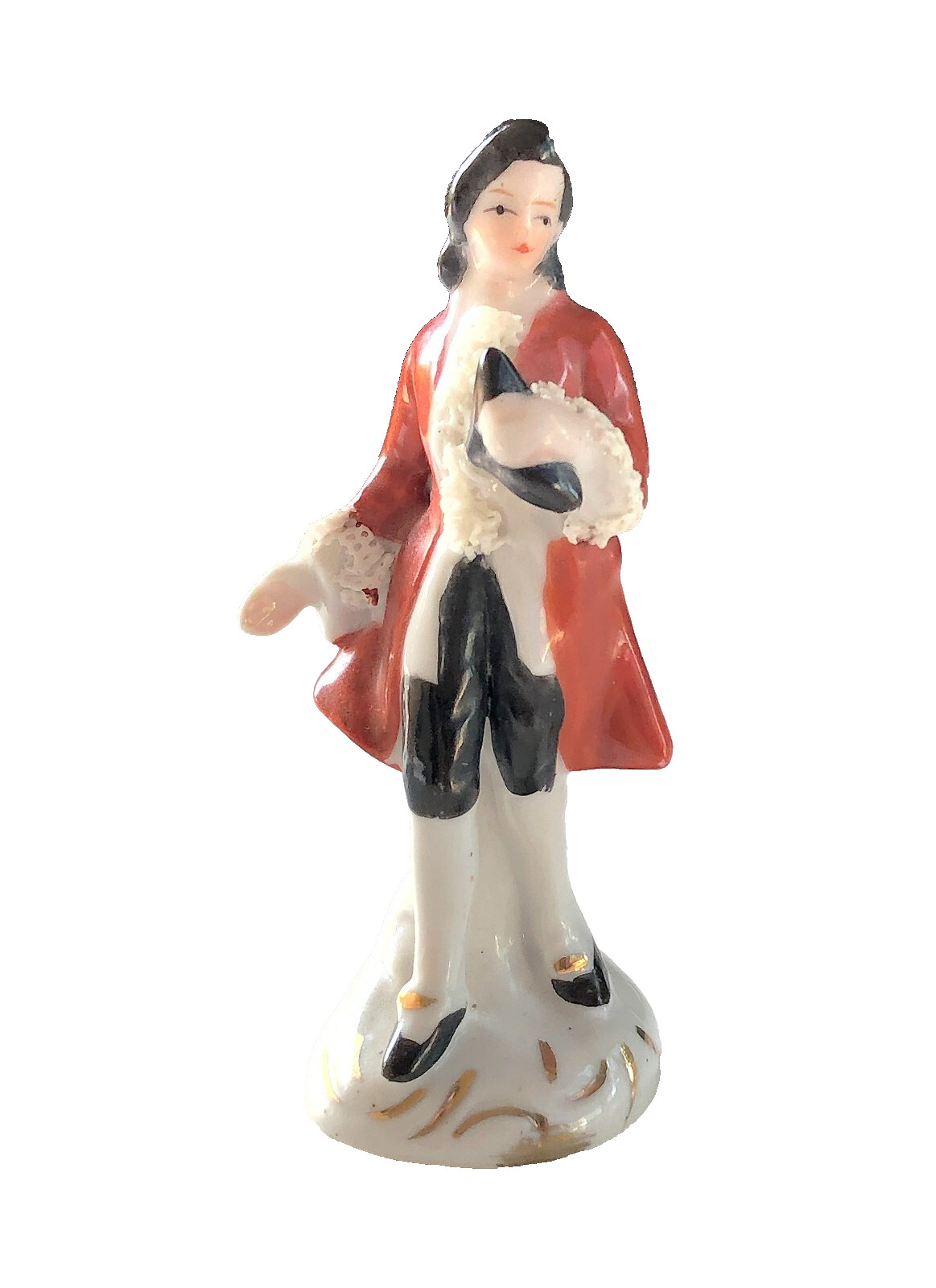 French Red Coat Gentleman Figure Spaghetti Trim Hand Painted Japan 3 3/4″ C244