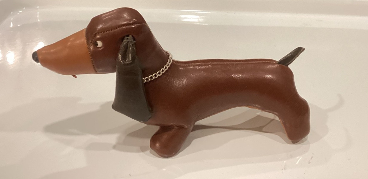 Vintage 1960s MCM Stuffed Sewn Leather Dachshund Weiner Dog Toy Tomi Japan Rare