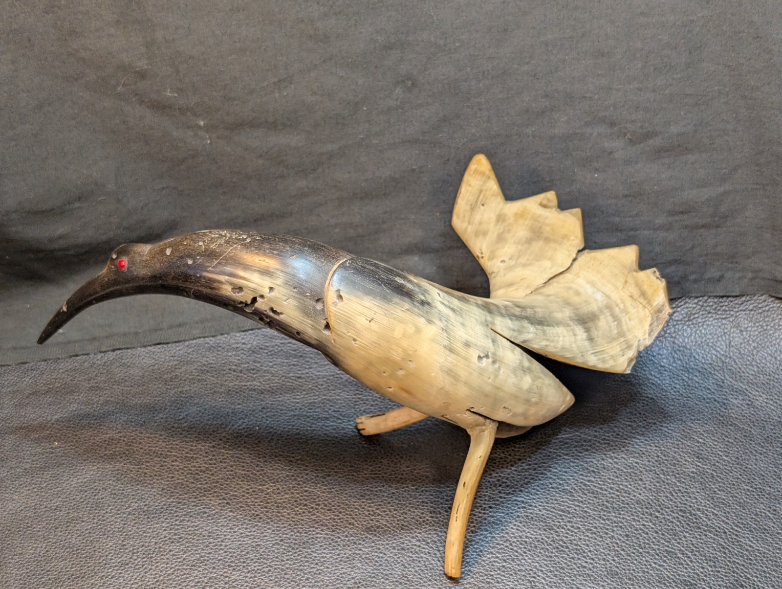 Folk Art Ox/Steer Horn Bird Mid Century Hand Carved Large 13.5in Horn