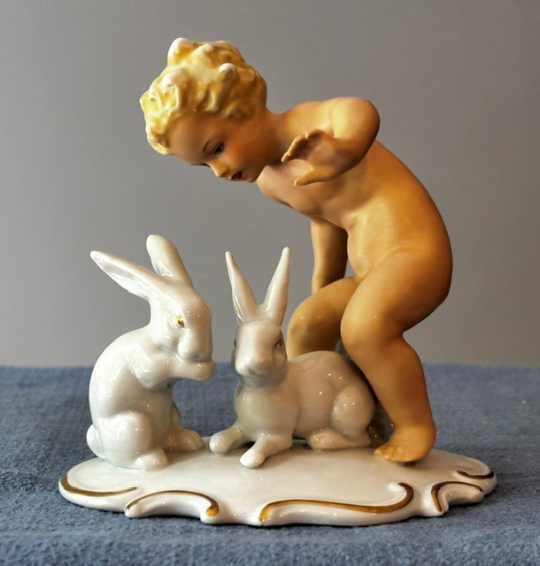 Wallendorf Schaubach Kunst Cherub with Rabbits Porcelain Figurine, mid 20th cent