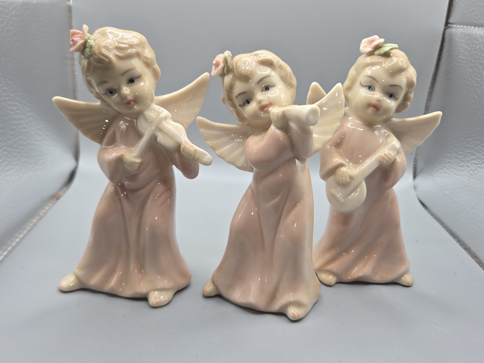 Vtg Lot Lefton? Cherub Girls Angels Singing/ Playing Music Figurines 1950s Trio