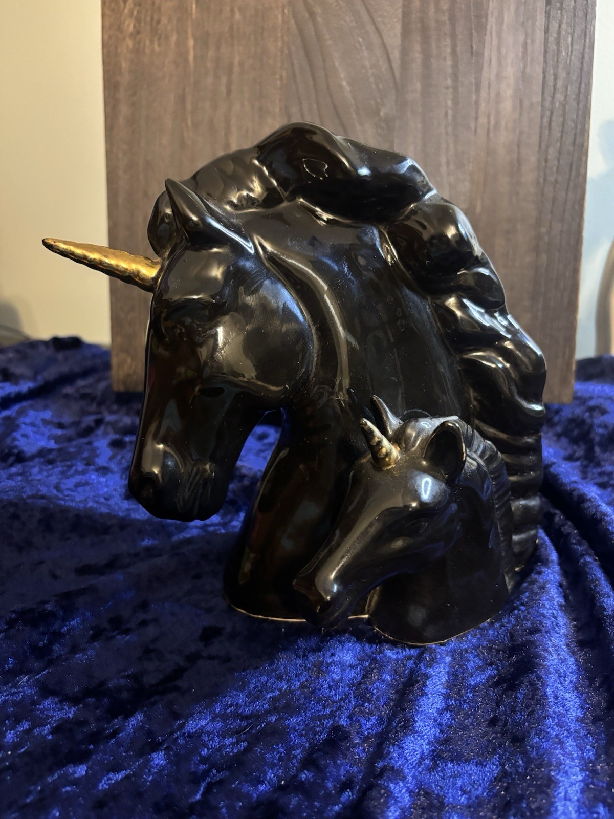 Vintage Black Unicorn Statue Mother & Baby Gold Horns Ceramic Figure Bust