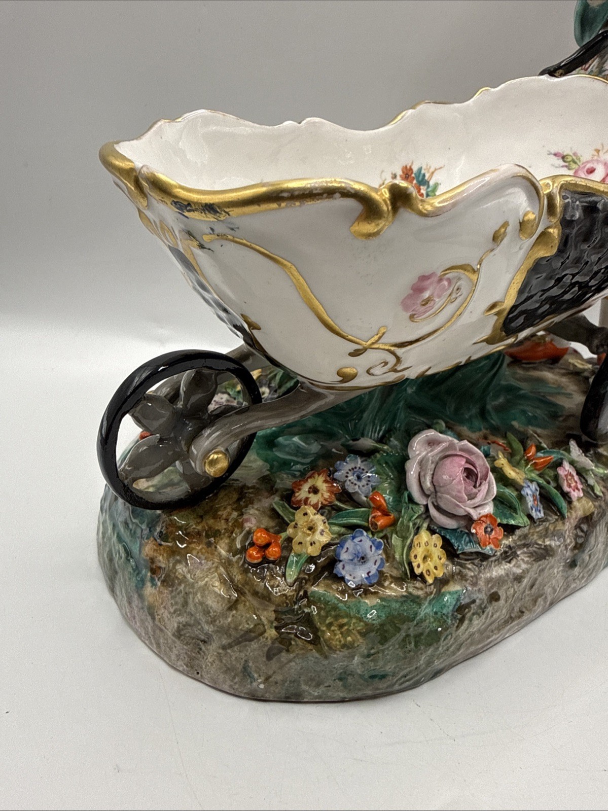 Antique 1880-90 Hand Painted Sitzendorf Porcelain Figure Flowers Wheel Barrow