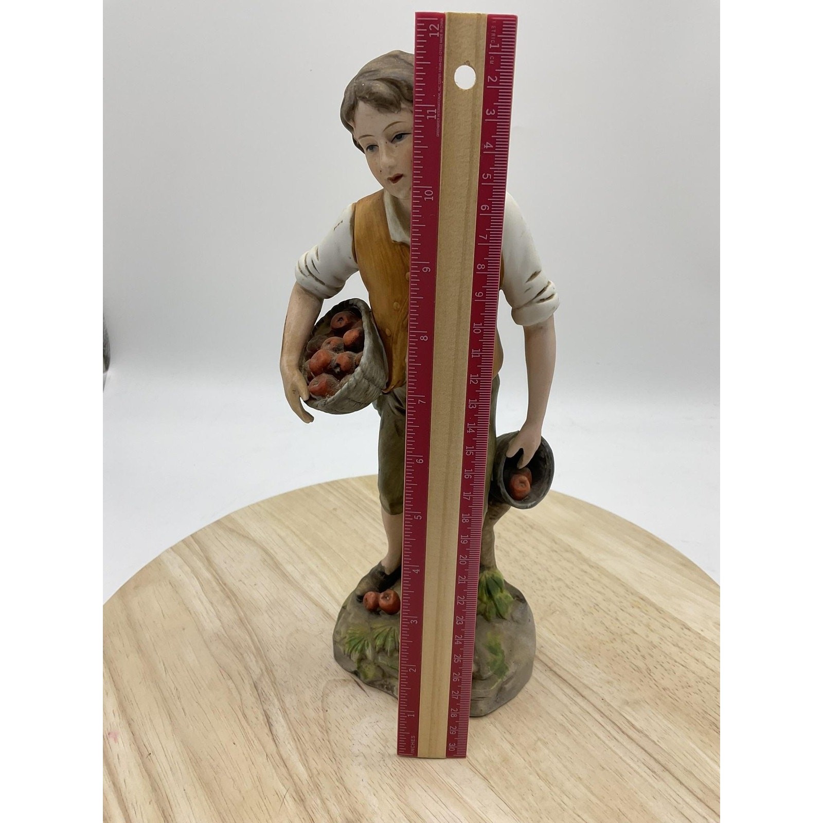 Vintage Ceramic Boy With Apple Baskets Figurine Farmhouse Home Interior Decor