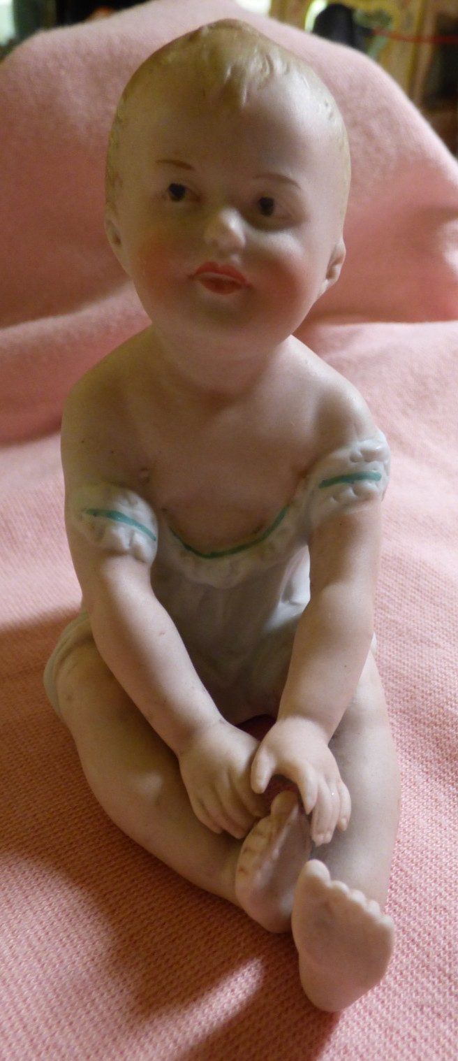 Antique Gebruder Heubach Hand Painted Porcelain Bisque 4 1/2″ H Piano Baby