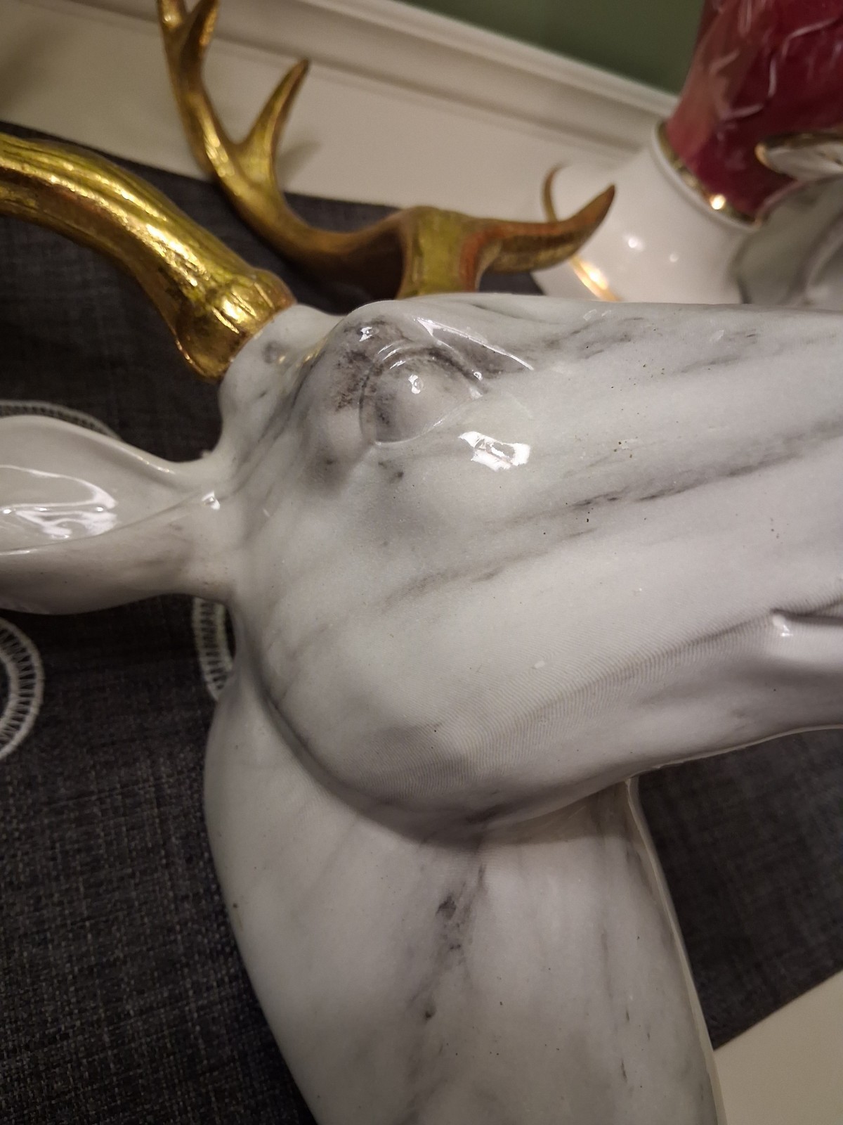 White Marbled Deer Head Hangs On Wall With Gold Antlers About 18″ Tall
