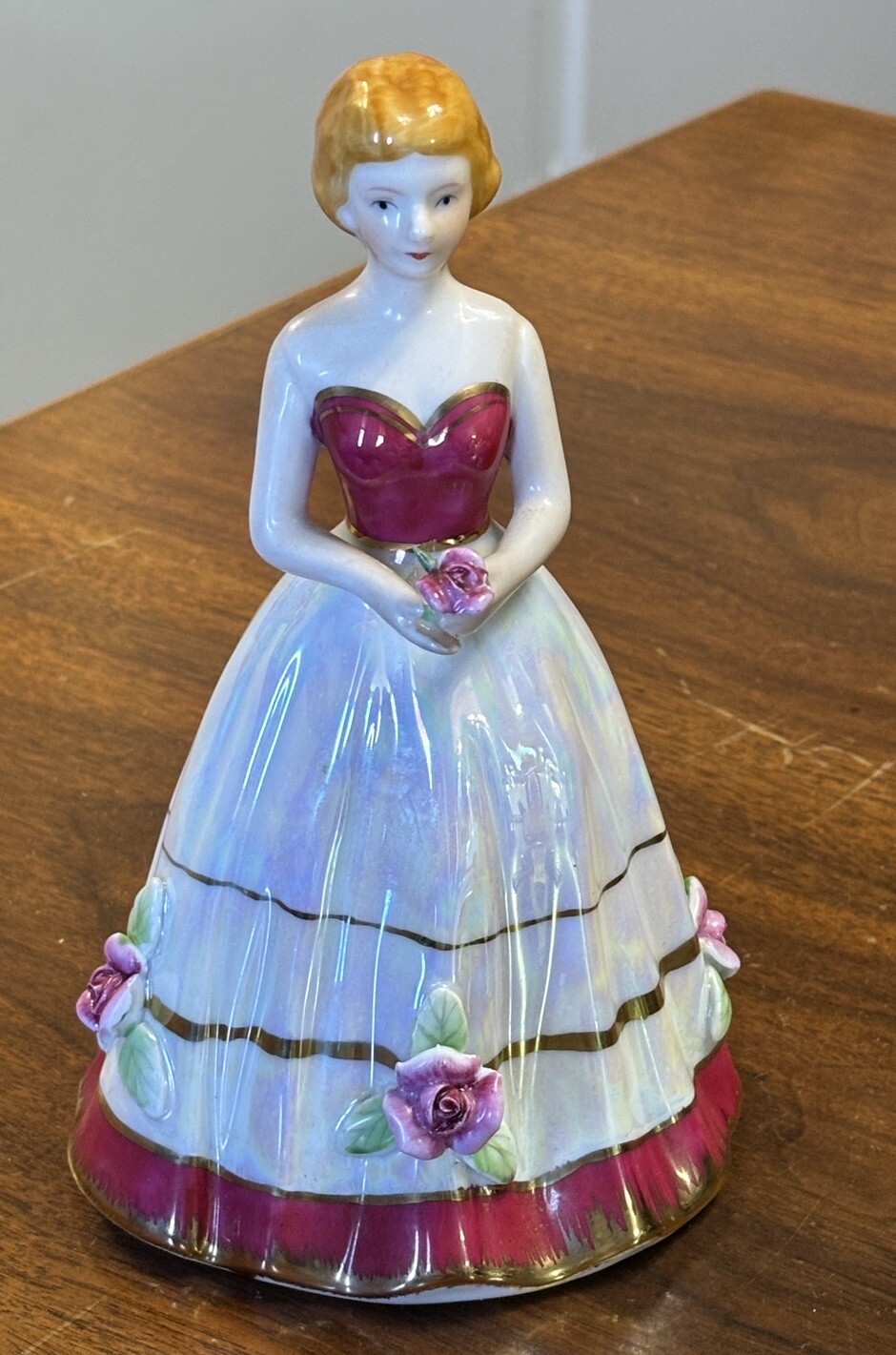Porcelain Opalescent Lady Figurine Holding A Rose Wearing A Red & White Dress 8”