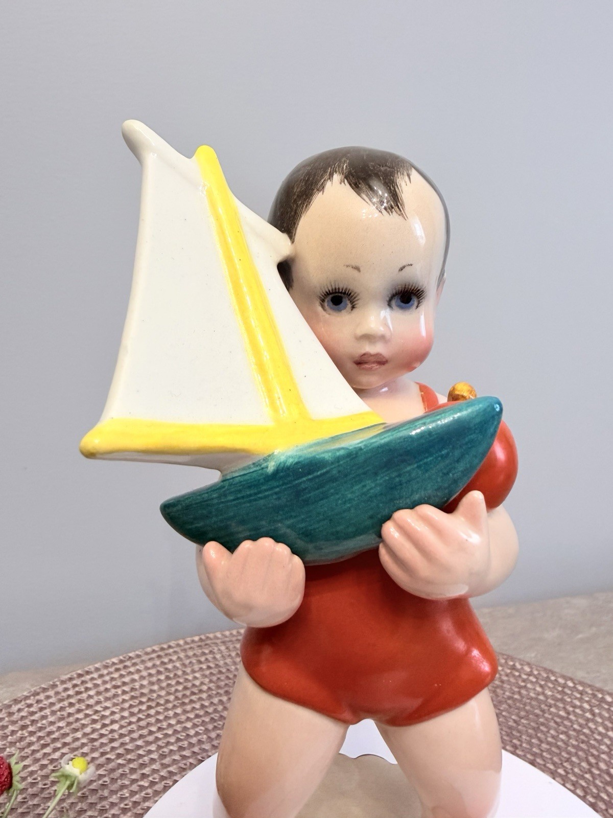 Art Deco Italian Ceramic Figurine Giovanni Ronzan Lenci Torino Boy & Ship 1930s
