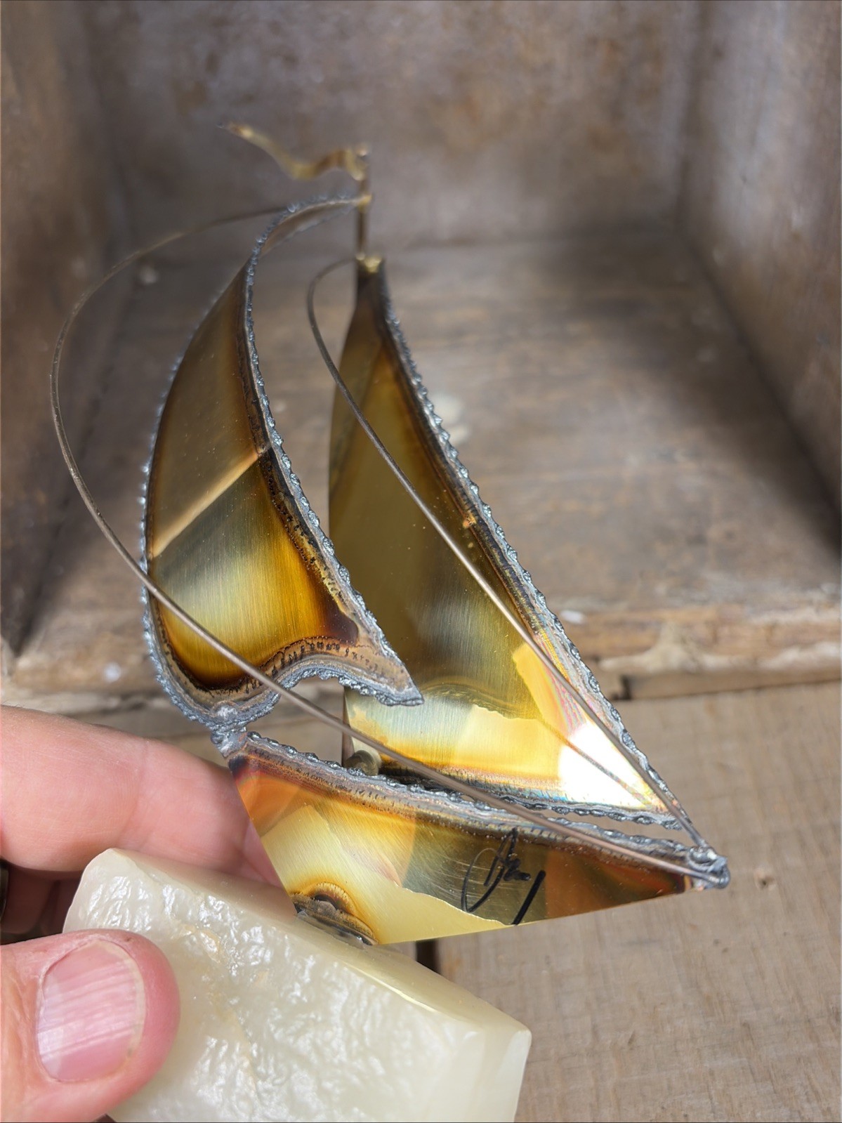 Mario Jason MCM Brutalist Brass Copper & Onyx Sailboat Sculpture Signed Base HBB
