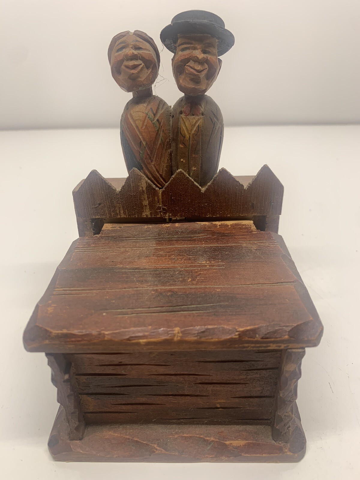 Vintage Anri Man Woman Wooden Figures Box Old Carved Art Carving