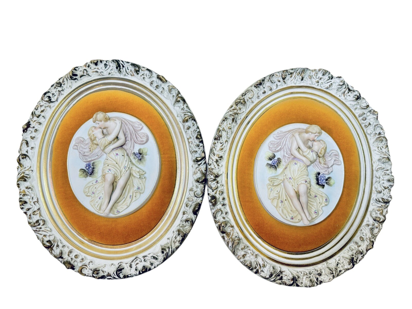 Andrew Kolb & Sons 1950’s Porcelain Romantic Couple Ornate Framed Wall Plaques