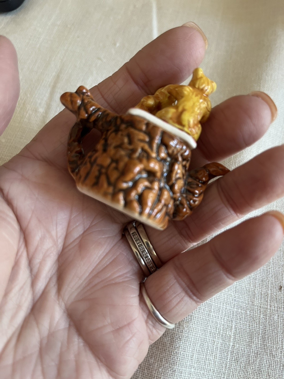 Miniature Teddy Bears Having A Picnic On A Tiny Teapot Figurine