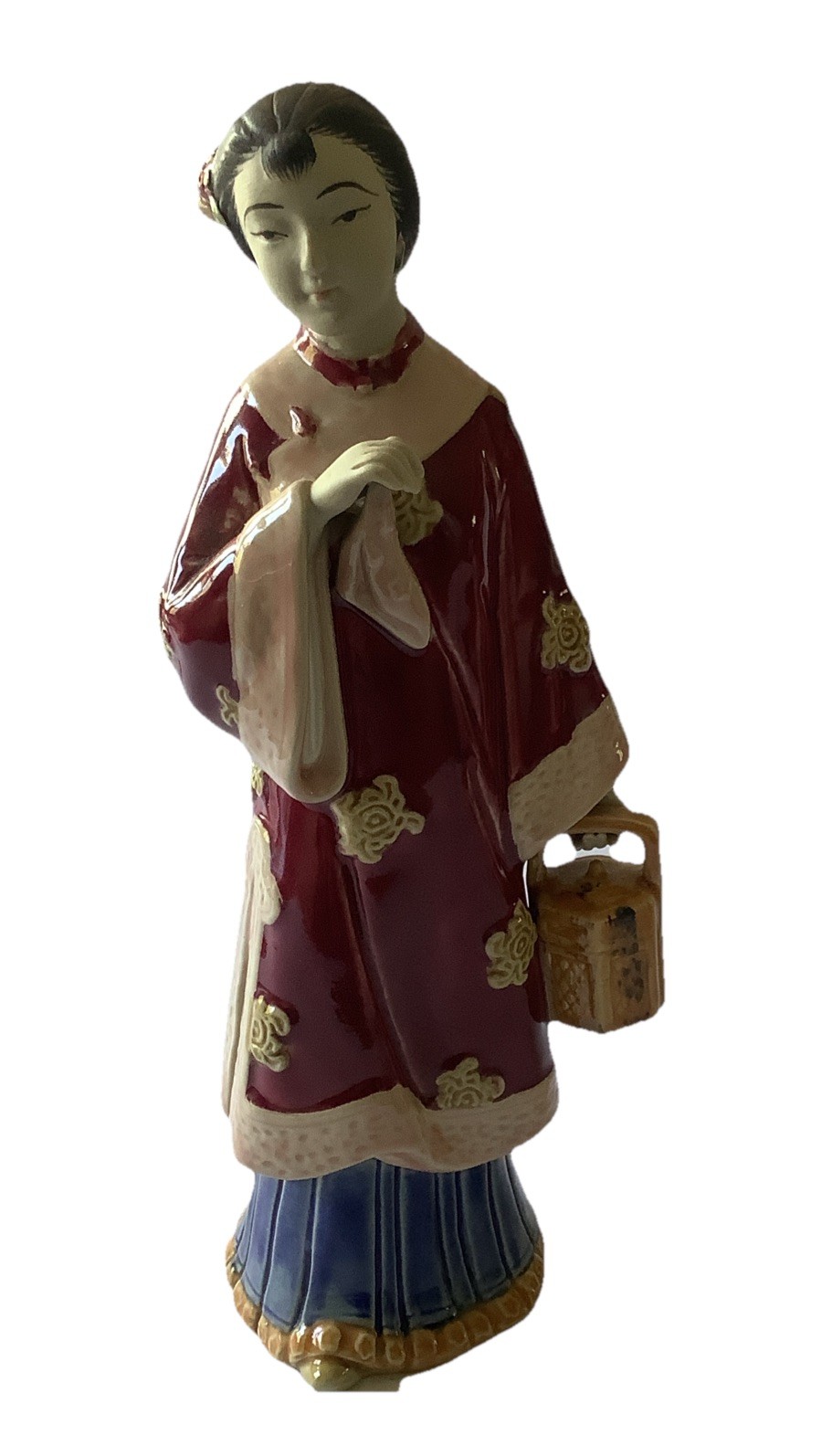Vintage Japanese Ceramic Statue Girl with Flowers 10″ Tall Matte & Glossy Finish
