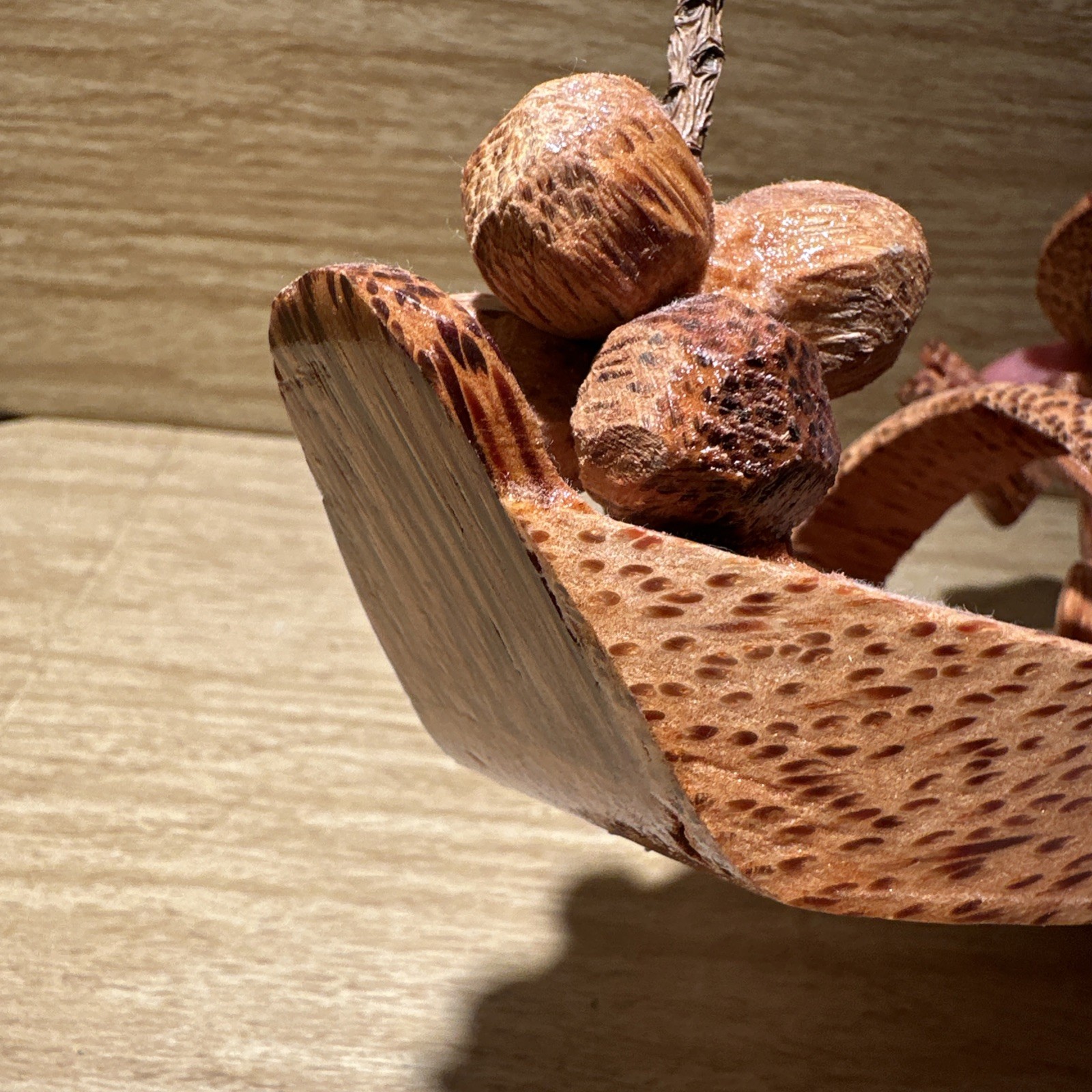Carved Man Rowing In Wood Boat With Oar – Coconuts On Front Souvenir. Figural