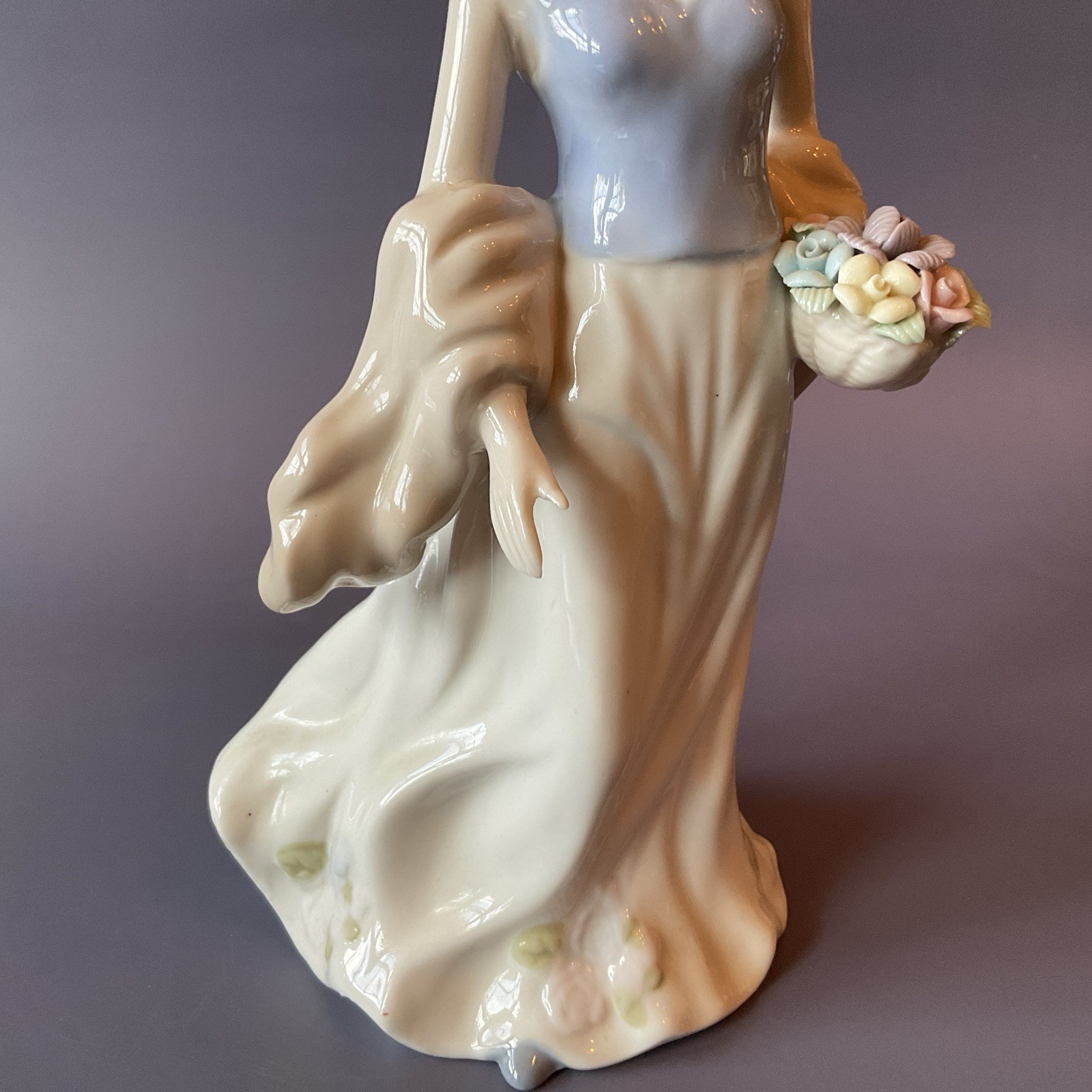 Lladro style Porcelain Figure Elegant Lady In Dress Hat Holding Basket Flowers