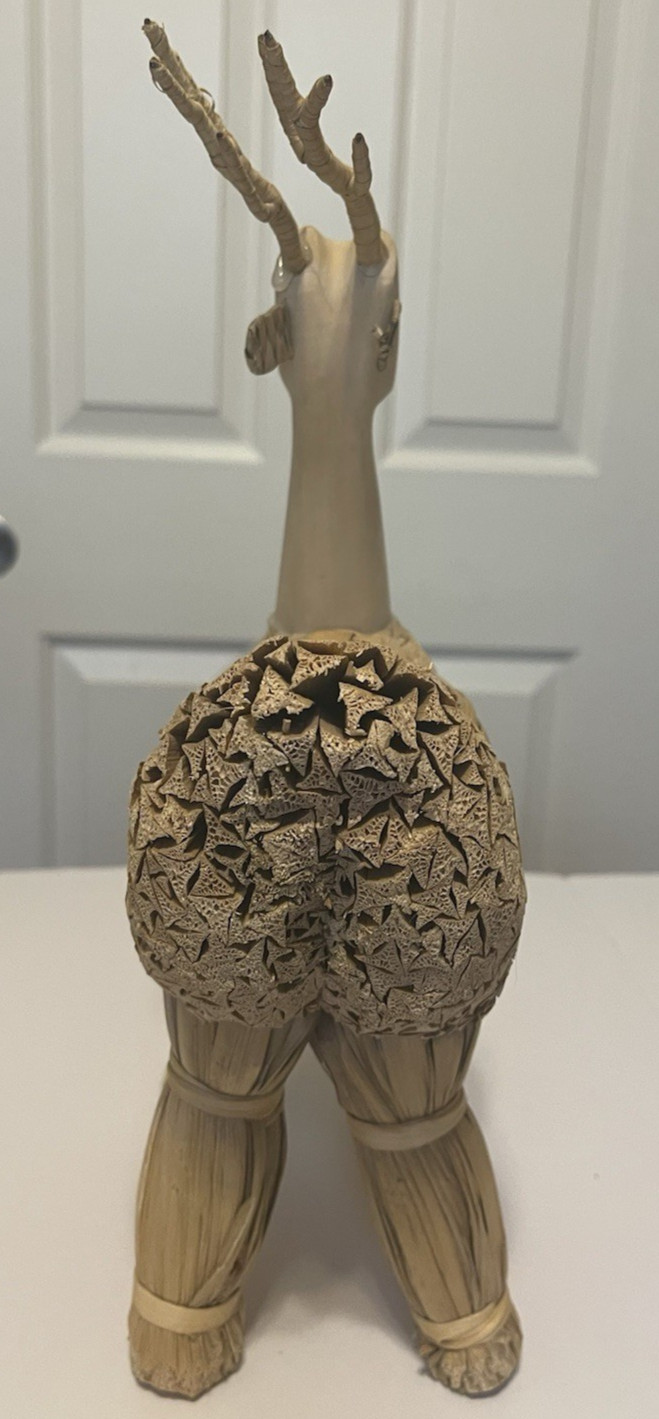 Unique Vintage Folk Art Corn Husk Carved Deer Figurine