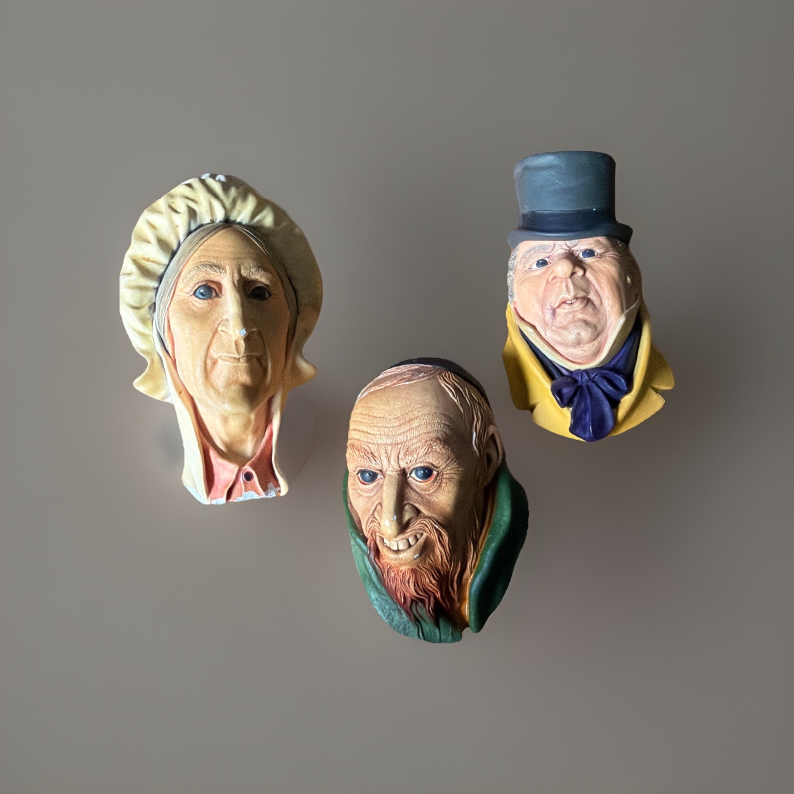 Lot of 3 Vintage Bossons Chaulkware Heads: Betsey Trotwood, Fagin, Mr. Micawber.