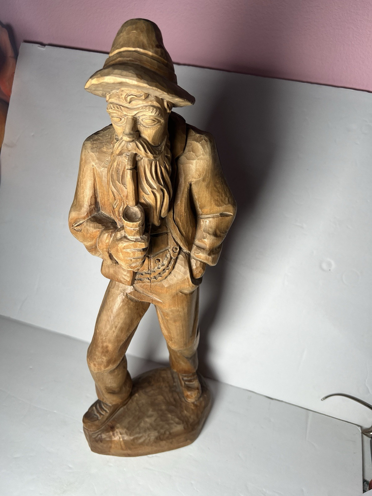 Vintage Hand Carved Wooden Man with Pipe 21.5”x8”x8” Folk Art