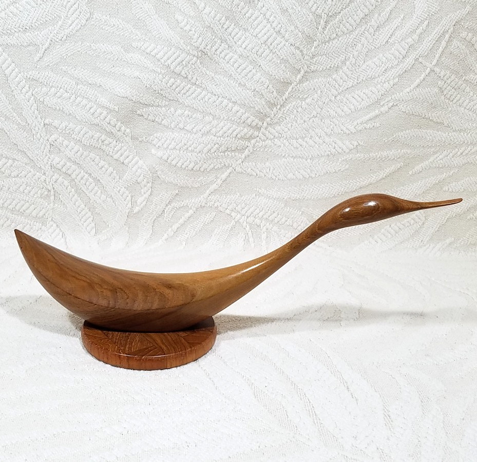 Mid Century Modern Wood Bird Sculpture Signed Abstract Shorebird Danish Style
