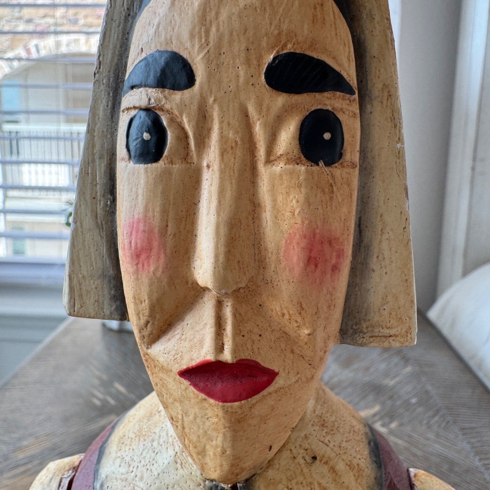 Vintage Hand Carved Wooden Female Pilgrim Jointed Figure Hang Off Mantle 16″