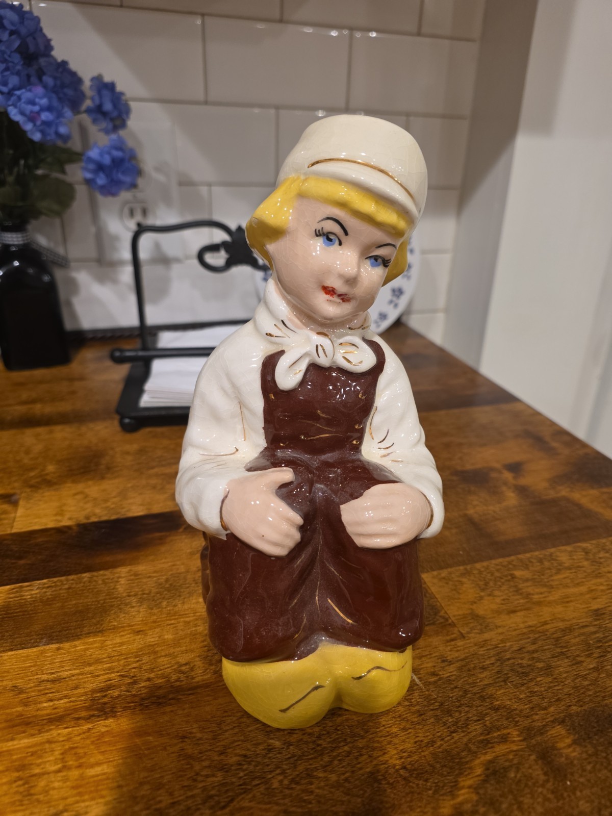 Porcelain Dutch Boy Sitting *9 In. TALL* VINTAGE C1940s Hand Painted CUTE!