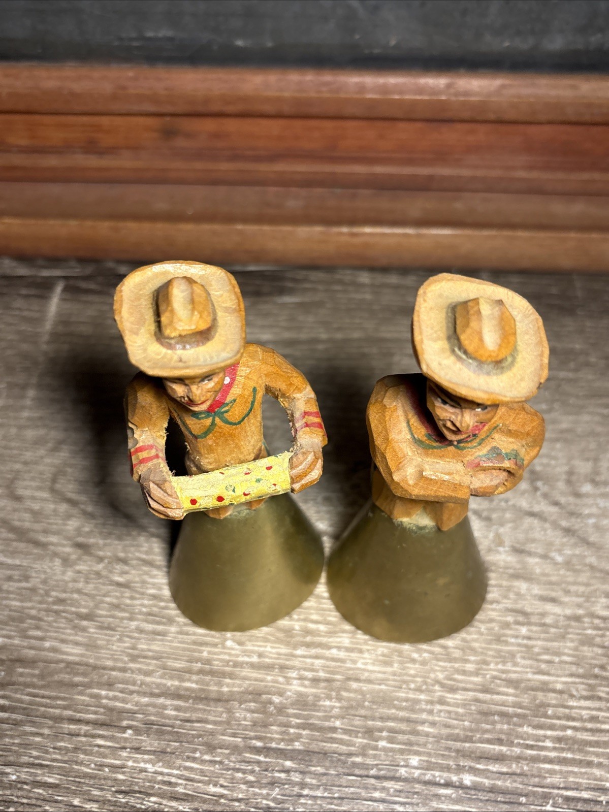 Vintage Brazil São Paulo Carved Painted Wooden Figure Metal Bell Folk Art Set D1