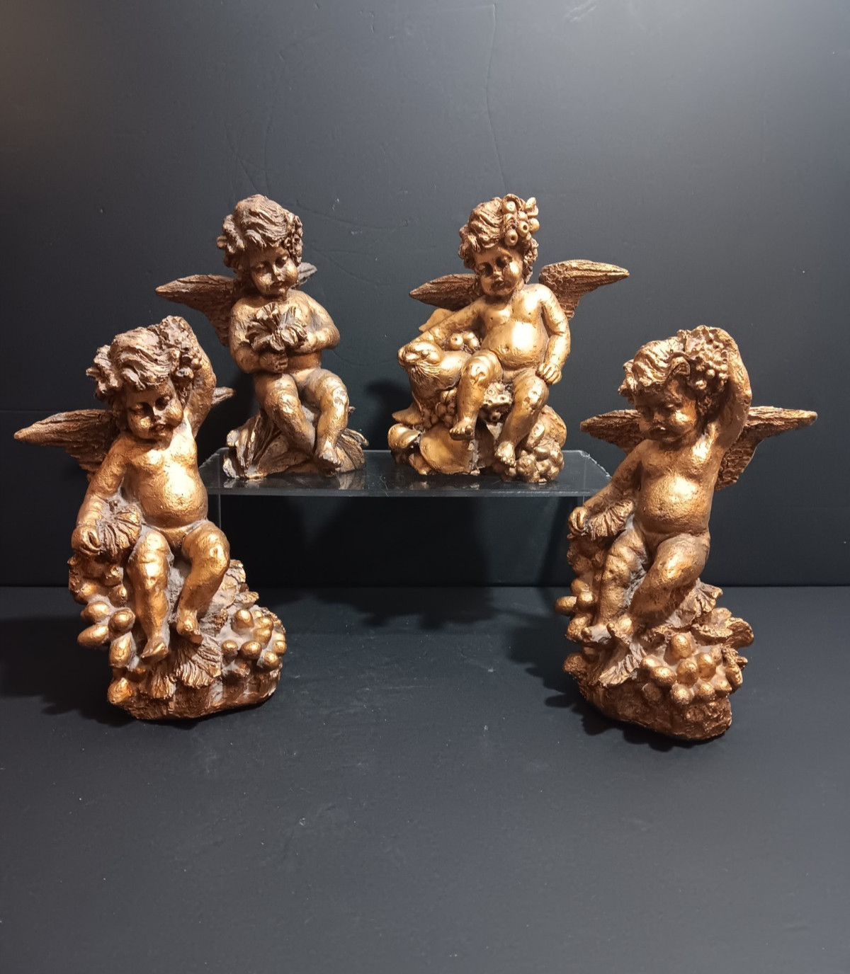 Vintage – Resin Cherub Figurines Angels Gold Tone Vintage Set of 4 – 6.5″ – 8″
