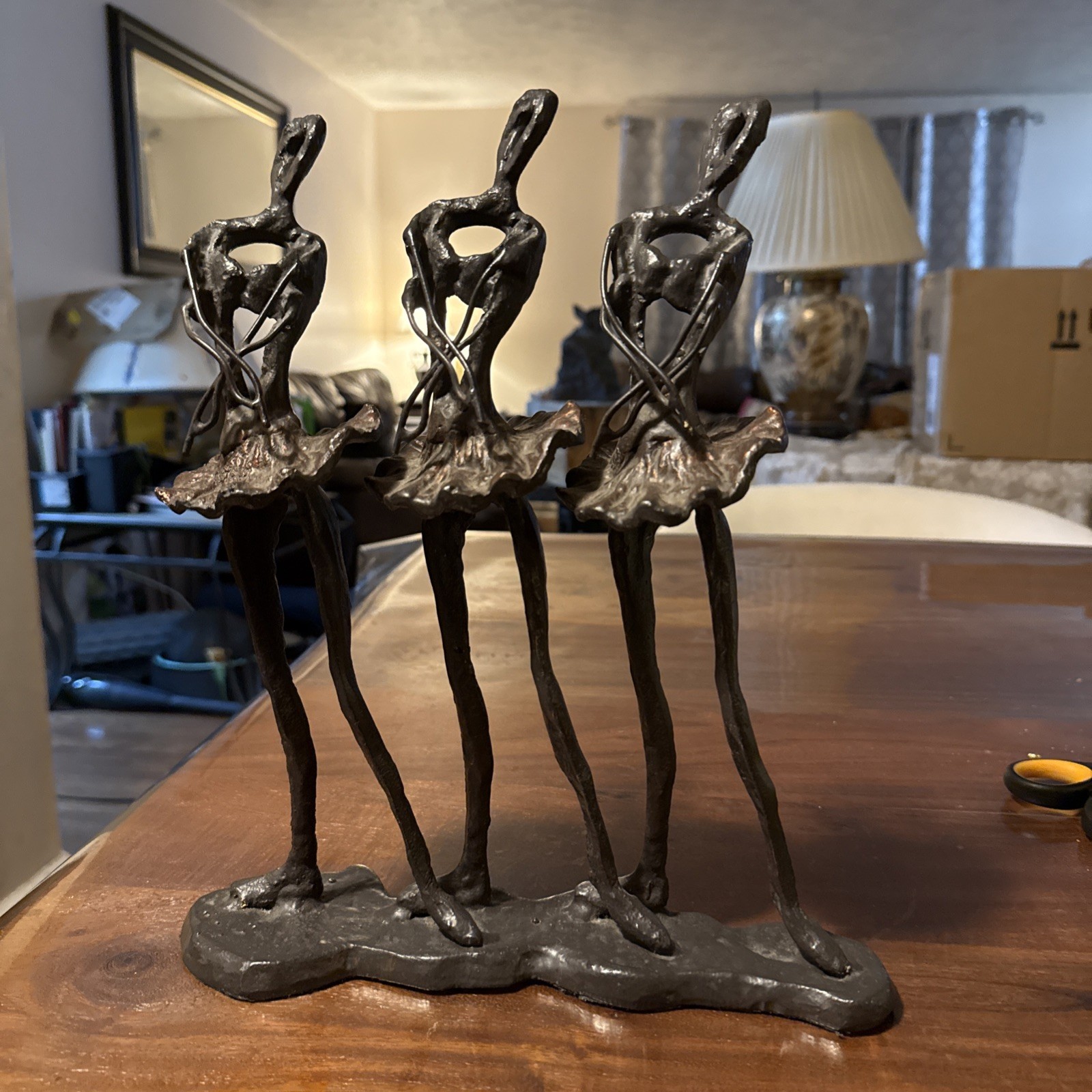 Vintage Heavy Metal/Bronze Abstract Art 3 Dancing Ballerinas Sculpture 12.5″tall