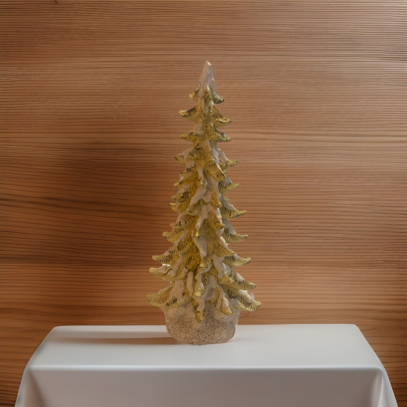 White & Gold Flocked Plaster & Clay Christmas Tree Sculptures Two (2). Charming