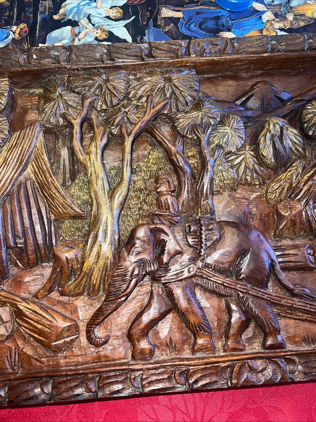 Vintage Thailand Elephants Dragging Logs Hand Carved Teak Wood Wall Hanging Art