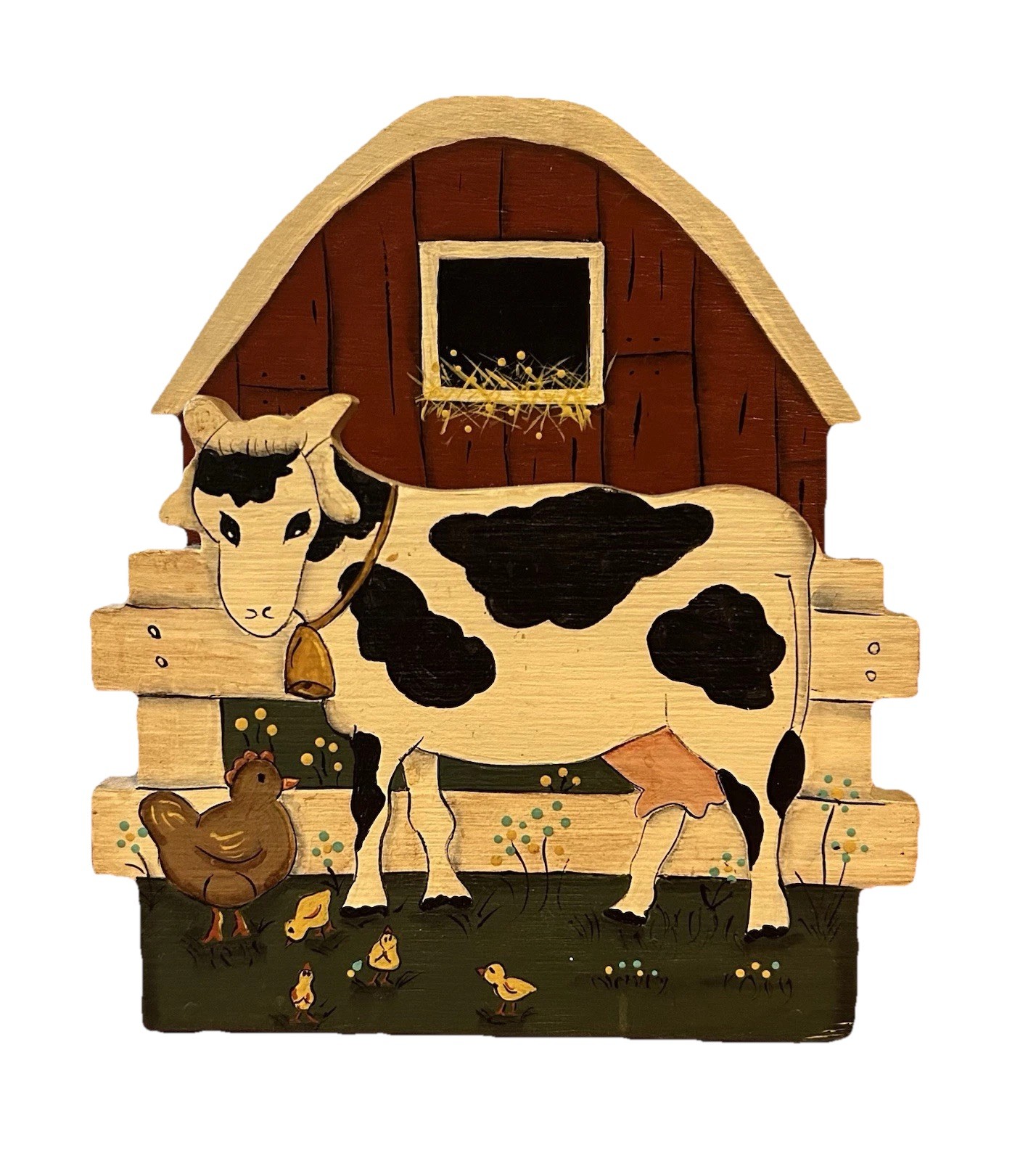 Folk Art Napkin Holder, Black & White Cow, Wood Barn, 5-1/2 in. wide