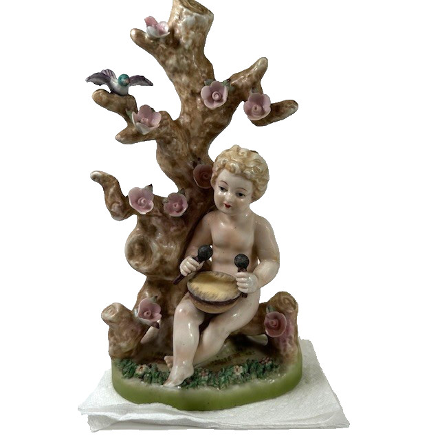 UCAGCO Porcelain Figurine Boy Playing Drums at Tree Trunk, 23/72 Grannycore VTG
