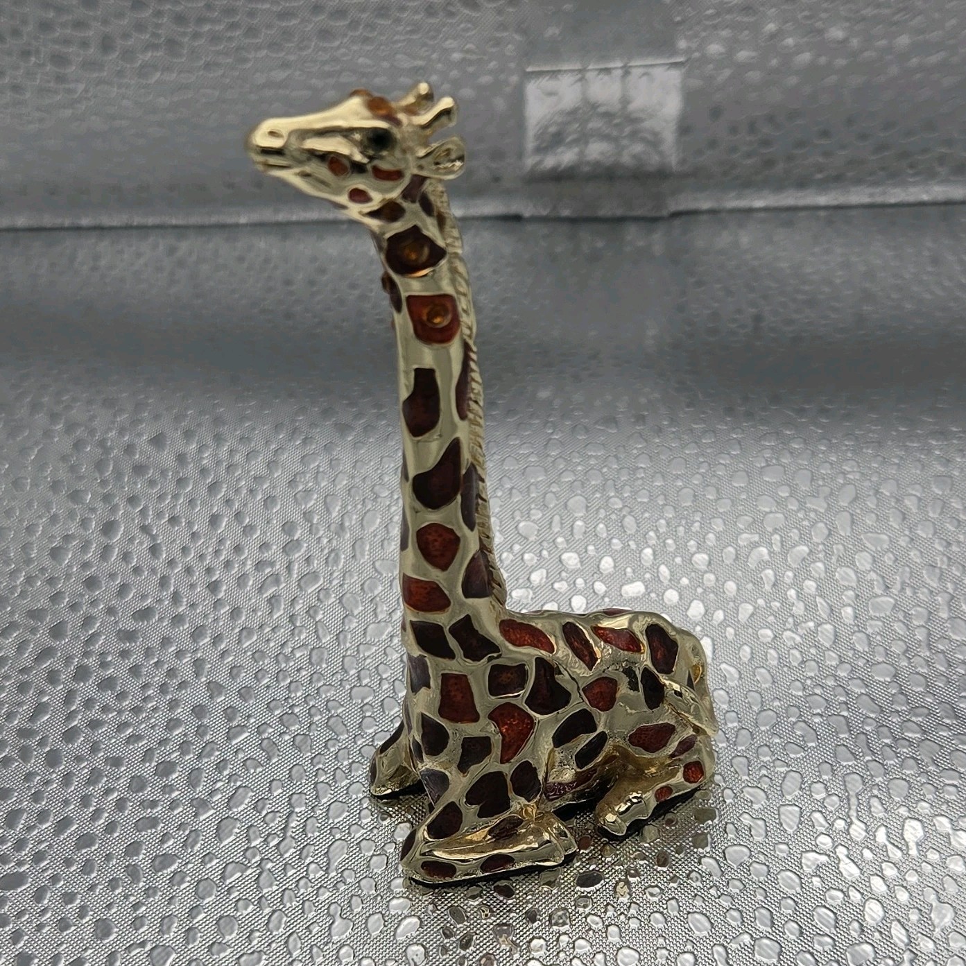 Gold Tone Enamel Giraffe Figurine 3D Effect Metallic Finish Animal Print