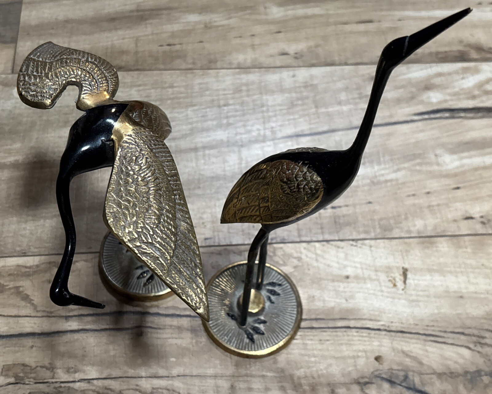Vintage Pair of Brass & Black Enamel Crane Statues, Brass Cranes MCM