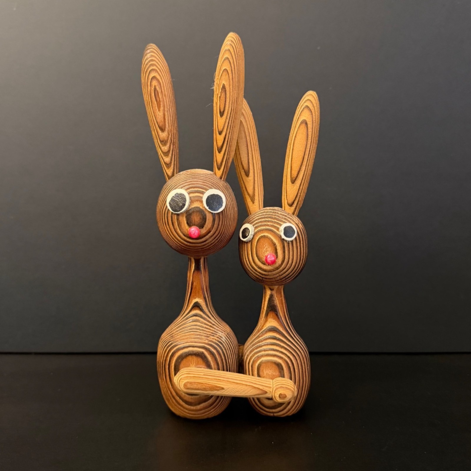 Handmade Wooden Bunny Couple Figurine Rustic Decor Unique Carved Woodgrain