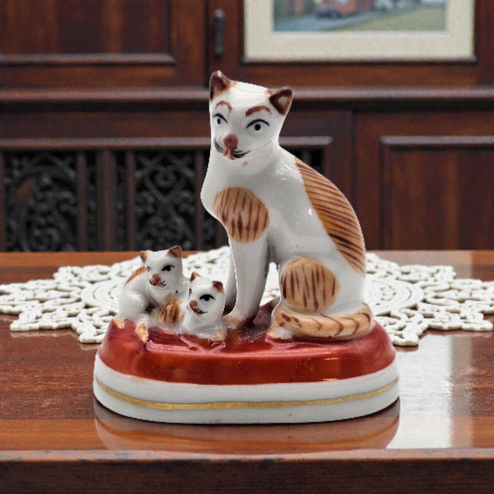 Samson Paris Porcelain Cat Family Figurine Chelsea Style Gold Anchor Mark 2.9″