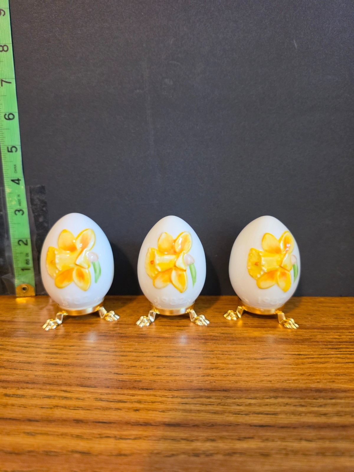 Vintage Goebel 1982 Annual Easter Egg Set of 3 Daffodil W Germany Metal Stands
