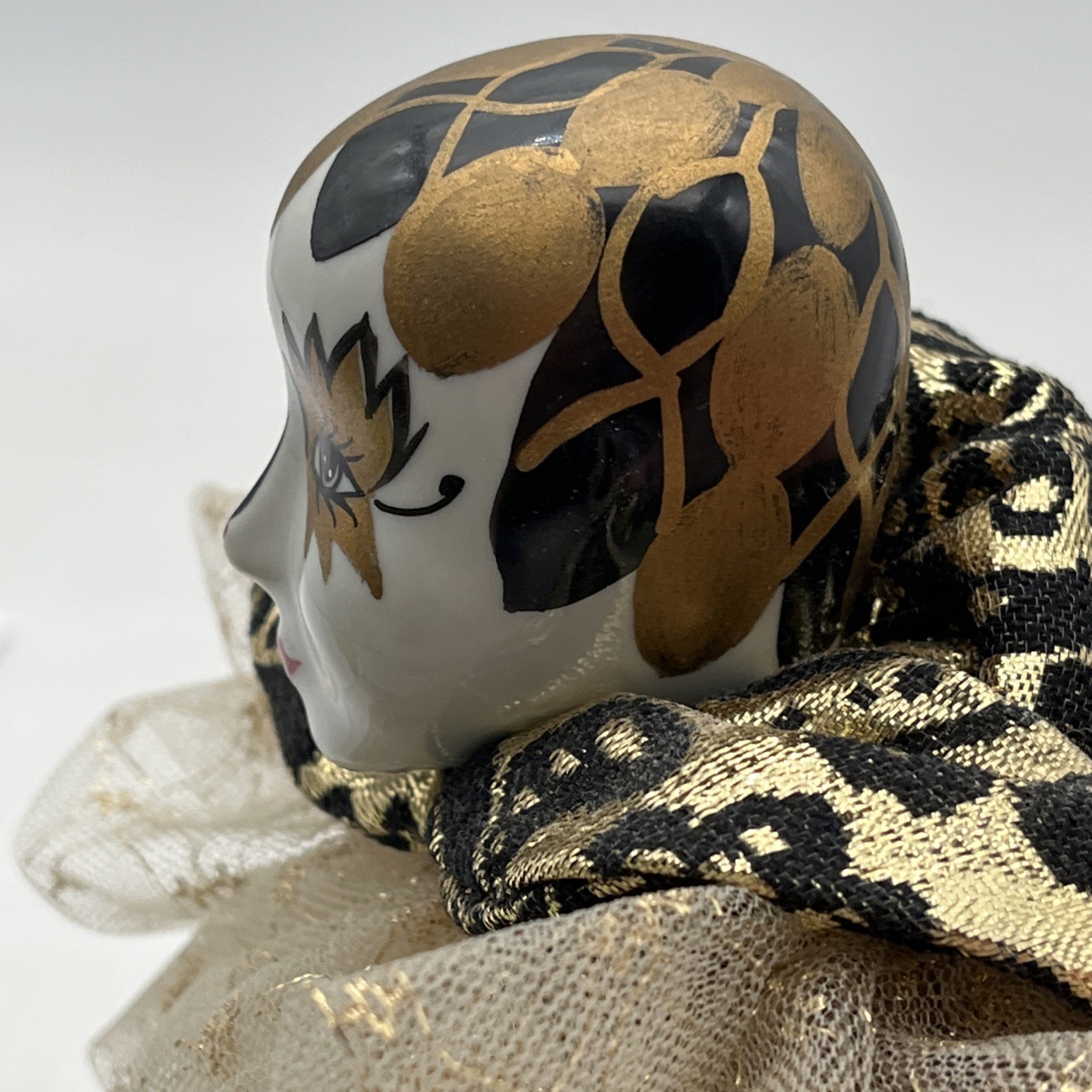 Porcelain Harlequin Doll 18” Venetian Style Gold Black Costume Decorative Doll