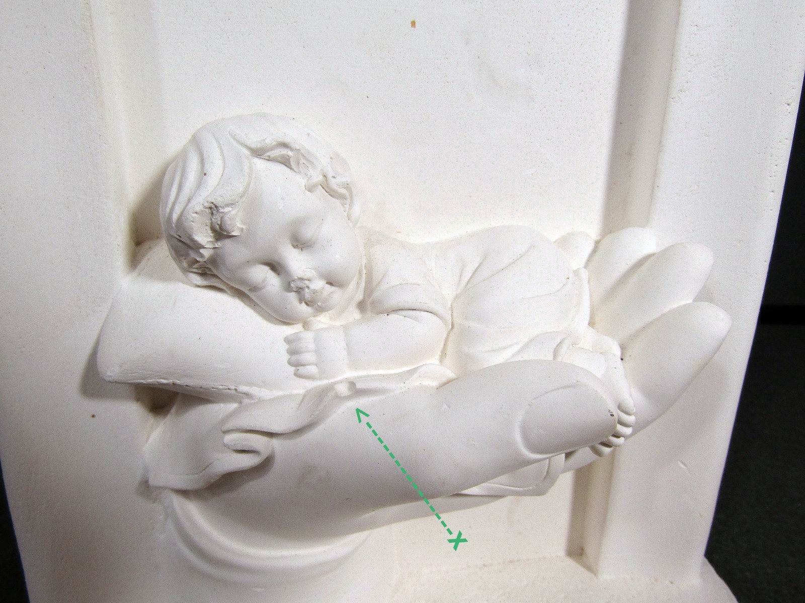 Sleeping Baby in Guardian Hand White Plaster Statue Freestanding 10”