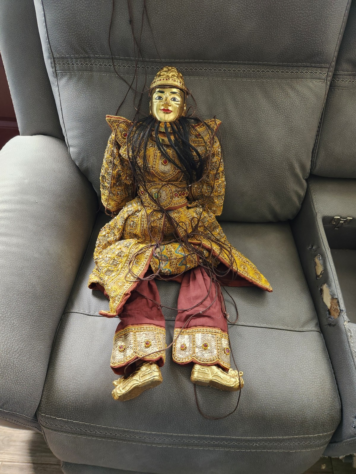 Vintage Marionette Wood Burmese Puppet Folk Art Gold In Color Male 32 Inches