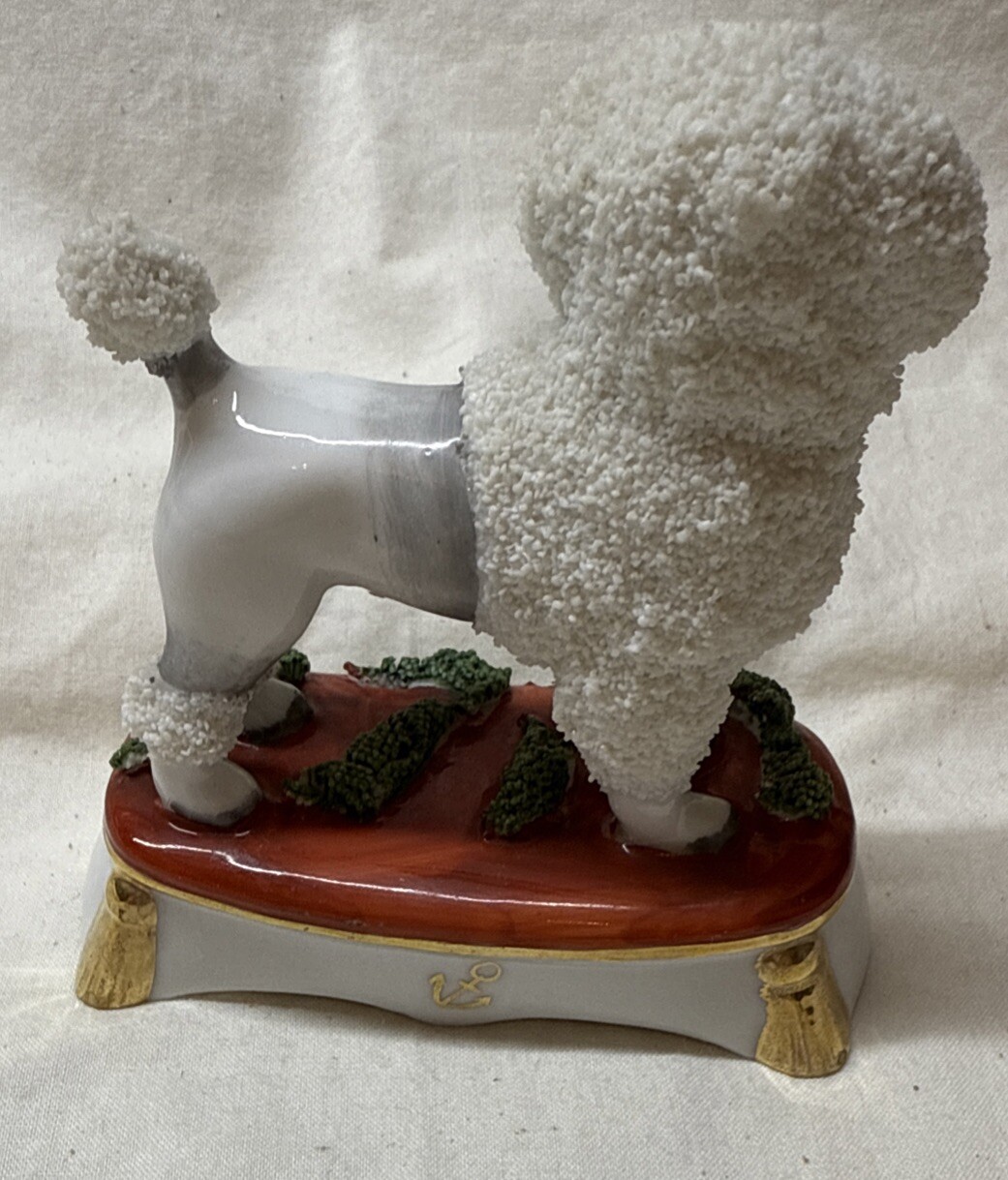 Antique Porcelain Gold Anchor Germany snow pebble Poodle hunting dog with bird